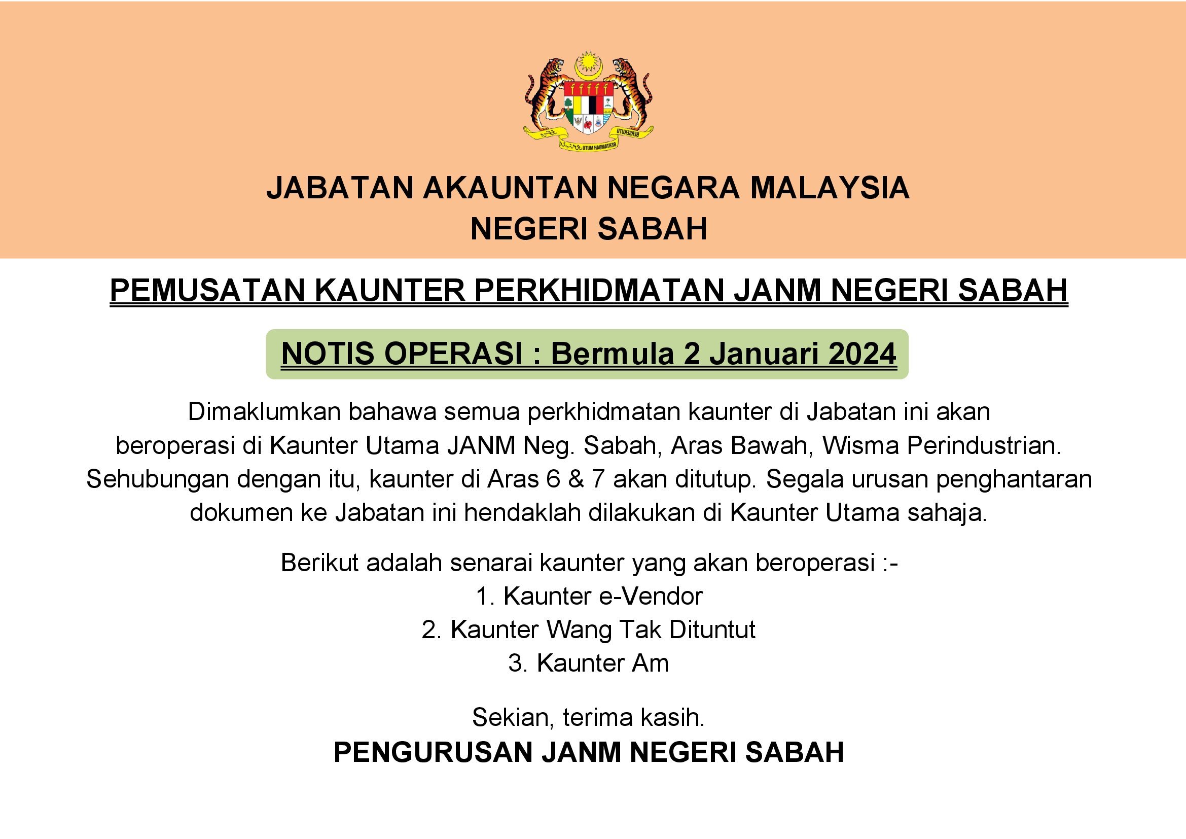 Notis Pemberitahuan Pemusatan Kaunter Perkhidmatan JANM Neg Sabah